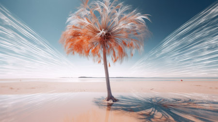 A palm tree on a sandy beach with a blue sky in the background. Generative AI image.の素材