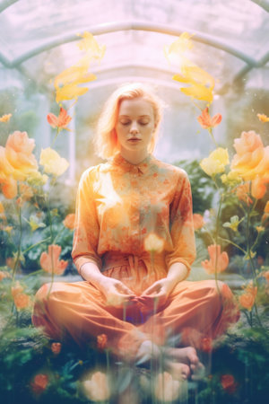 A woman sitting in a garden with flowers. Generative AI image.の素材