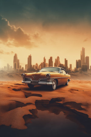 An old car is parked in the desert. Generative AI image.の素材