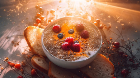 A bowl of oatmeal topped with berries and nuts. Generative AI image.の素材