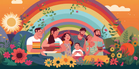A group of people standing in front of a rainbow. Generative AI image.の素材
