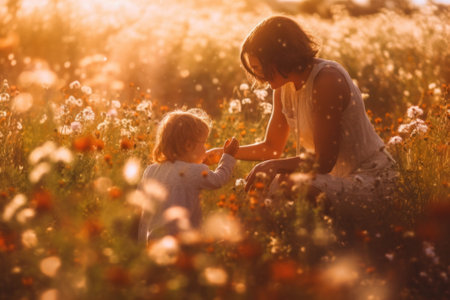 A woman and a child in a field of flowers. Generative AI image.の素材
