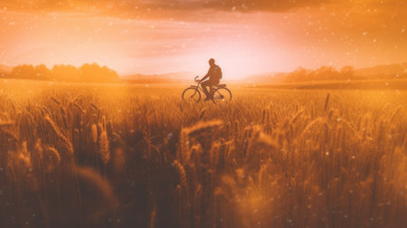 A person riding a bike through a field. Generative AI image.の素材