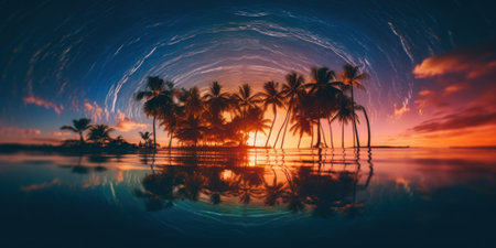 A sunset with palm trees reflected in the water. Generative AI image.の素材