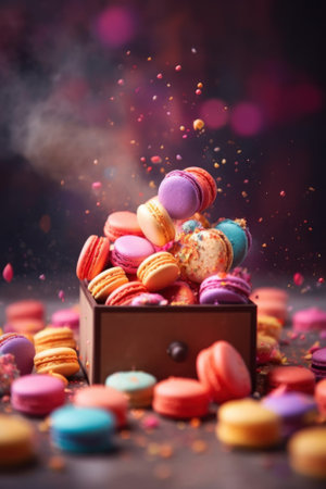 A wooden box filled with lots of colorful macarons. Generative AI image.の素材