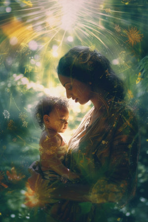 A woman holding a baby in her arms. Generative AI image.の素材