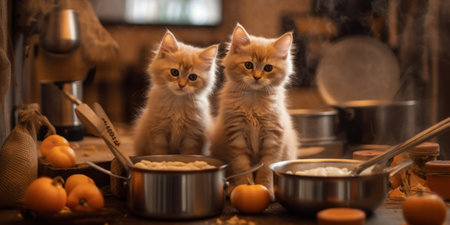 Two kittens sitting next to each other in a kitchen. Generative AI image.の素材