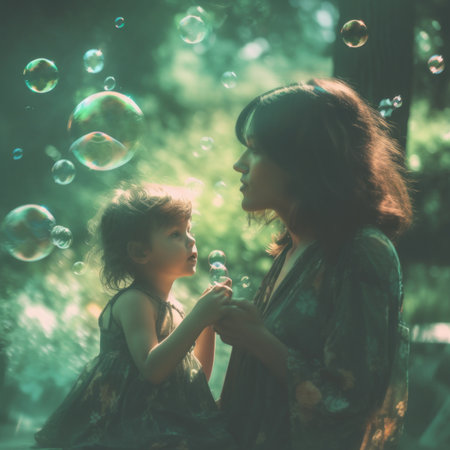 A woman and a little girl blowing bubbles. Generative AI image.の素材