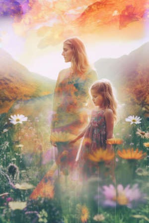A woman and a child standing in a field of flowers. Generative AI image.の素材
