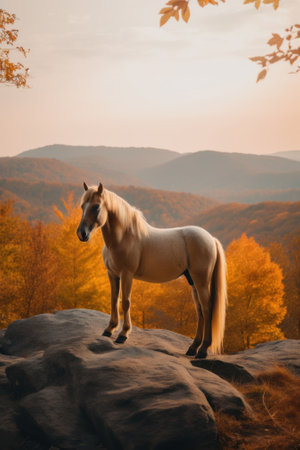 A white horse standing on top of a rock. Generative AI image.の素材