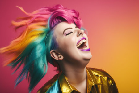 A woman with colorful hair is laughing. Generative AI image.の素材