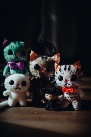 A group of stuffed animals sitting on top of a wooden table. Generative AI image.の素材