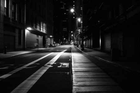 A black and white photo of a street at night. Generative AI image.の素材