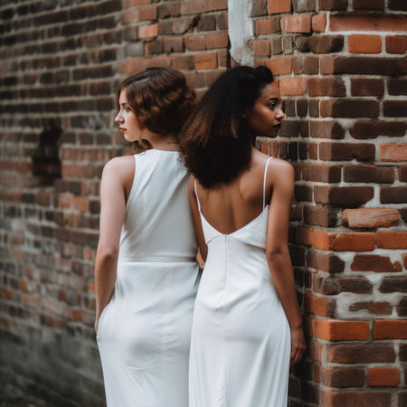 A couple of women standing next to a brick wall. Generative AI image.の素材