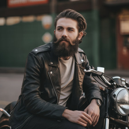 A man with a beard sitting on a motorcycle. Generative AI image.の素材