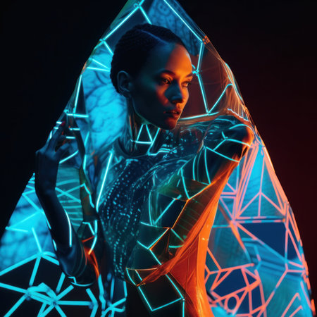 A woman in a neon dress poses for a picture. Generative AI image.の素材