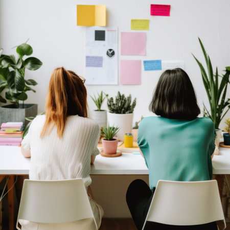 Two women sitting at a table with plants. Generative AI image.の素材