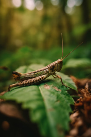 A close up of a grasshopper on a leaf. Generative AI image.の素材
