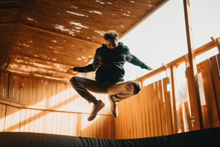A man jumping in the air on a trampol. Generative AI image.の素材