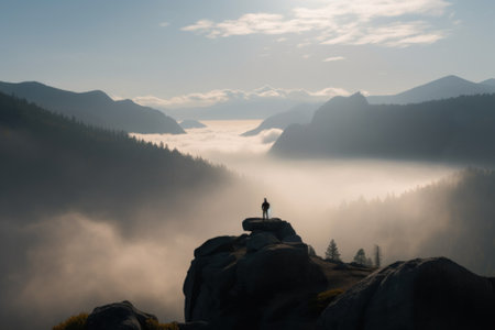 A person standing on top of a mountain. Generative AI image.の素材