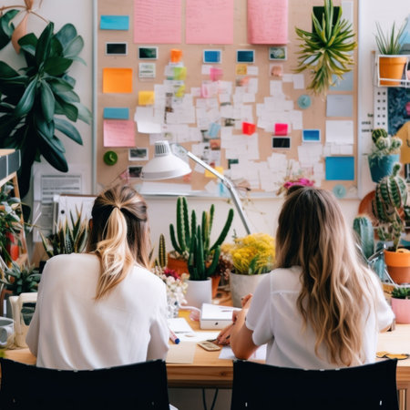 Two women sitting at a table with plants. Generative AI image.の素材