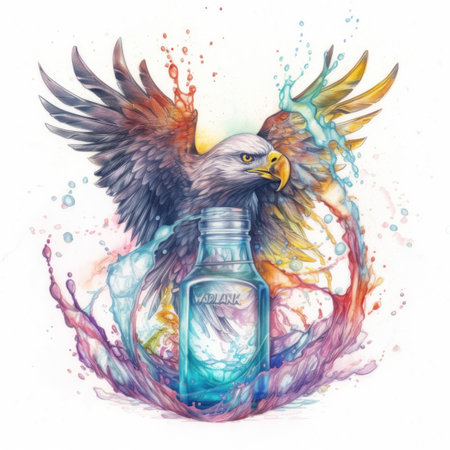 A watercolor painting of an eagle with a bottle. Generative AI image.の素材