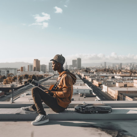 A man sitting on top of a roof playing a guitar. Generative AI image.の素材