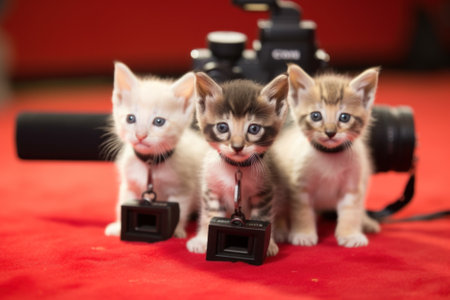 A group of kittens sitting next to a camera. Generative AI image.の素材