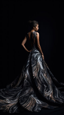 A woman in a black dress standing in a dark room. Generative AI image.の素材