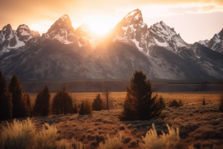 The sun is setting over a mountain range. Generative AI image.の素材