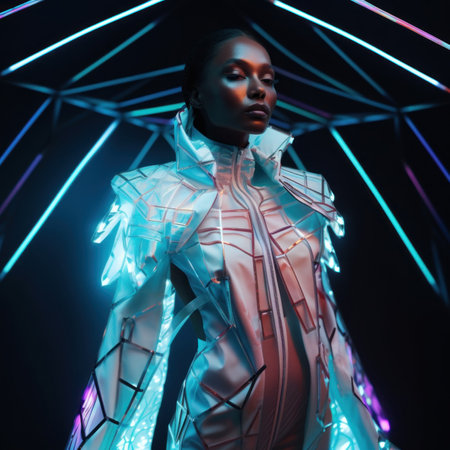 A woman in a futuristic outfit holding an umbrella. Generative AI image.の素材