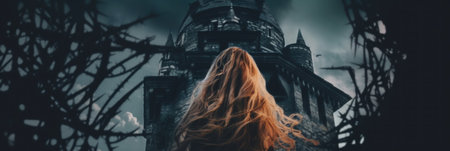 A woman with long red hair standing in front of a castle. Generative AI image.の素材