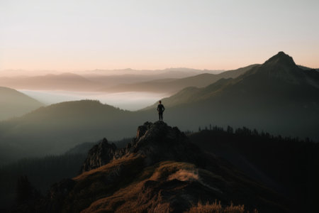A person standing on top of a mountain. Generative AI image.の素材