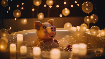 A toy pig sitting in a bathtub surrounded by candles. Generative AI image.の素材