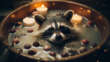 A raccoon in a bowl of water with candles. Generative AI image.の素材