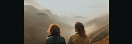A couple of women standing next to each other. Generative AI image.の素材