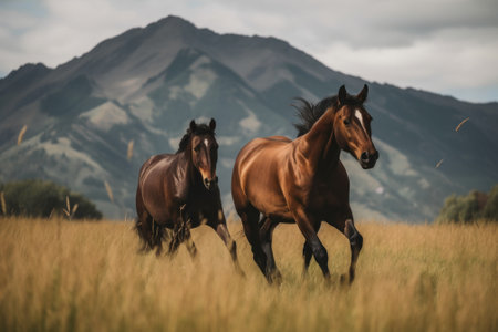 Two horses running in a field with mountains in the background. Generative AI image.の素材
