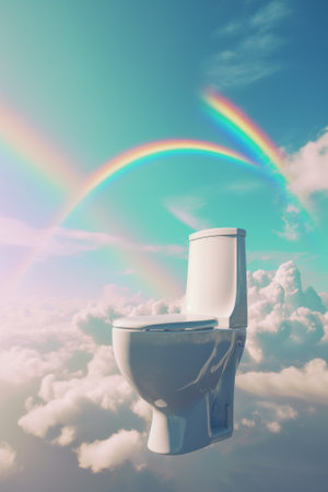 A toilet in the sky with a rainbow in the background. Generative AI image.の素材