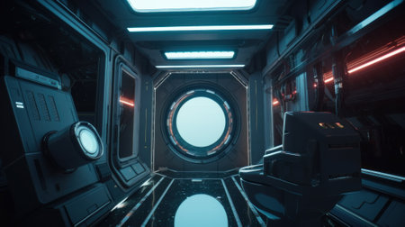 A futuristic space station with a round window. Generative AI image.の素材