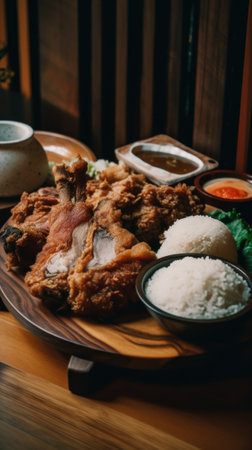 A wooden plate topped with rice and meat. Generative AI image.の素材