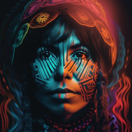 A close up of a person with a painted face. Generative AI image.の素材