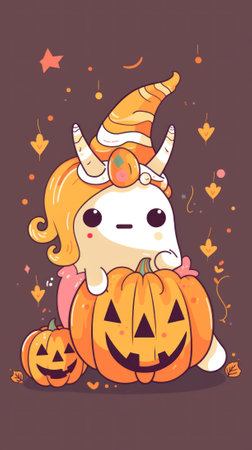 A cartoon unicorn is sitting on a pumpkin. Generative AI image.の素材