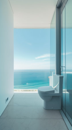 A white toilet sitting in a bathroom next to a window. Generative AI image.の素材