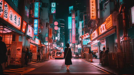 A woman walking down a city street at night. Generative AI image.の素材