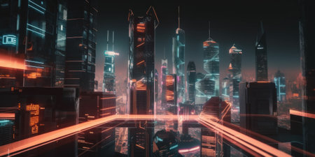 A futuristic city at night with neon lights. Generative AI image.の素材