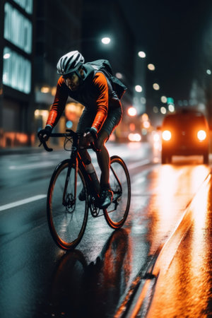 A man riding a bike down a street at night. Generative AI image.の素材