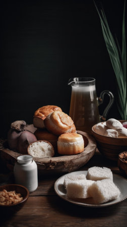A wooden table topped with plates of food. Generative AI image.の素材