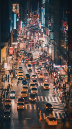A busy city street filled with lots of traffic. Generative AI image.の素材