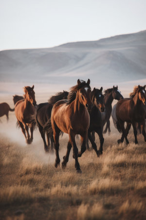 A herd of horses running across a dry grass field. Generative AI image.の素材