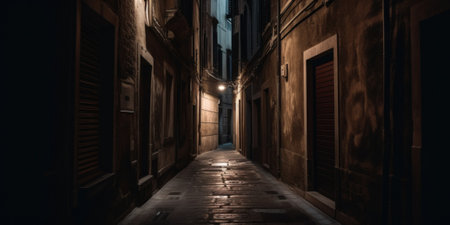 A narrow alley with a light at the end. Generative AI image.の素材